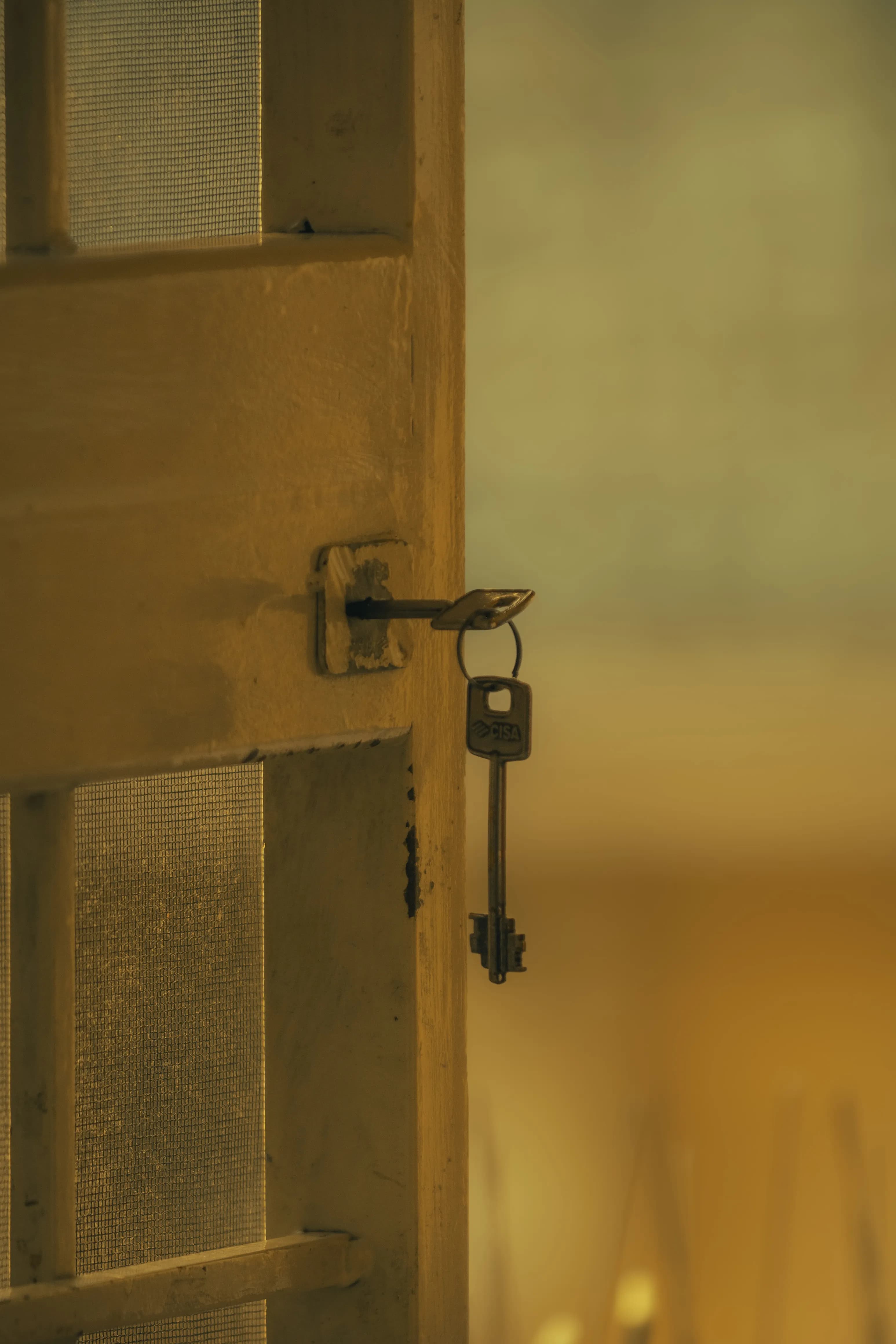 A key resting in the lock of a partly open wooden door